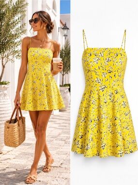 NWT Alice + Olivia Glinda Free Swinging Sunbeam Floral Silk Mini Dress 4 Yellow